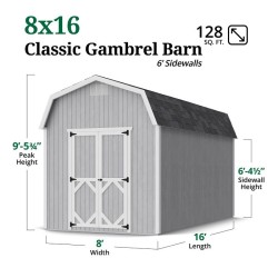 Little Cottage Co. Classic Gambrel 8x16 Wood Barn Shed Kit w/ 6' Sidewall (8x16 CGB-6-PC)