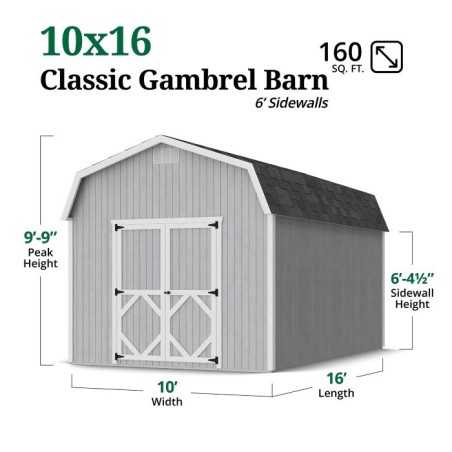 Little Cottage Co. Classic Gambrel 10x16 Wood Barn Shed Kit w/ 6' Sidewall (10x16 CGB-6-PC)