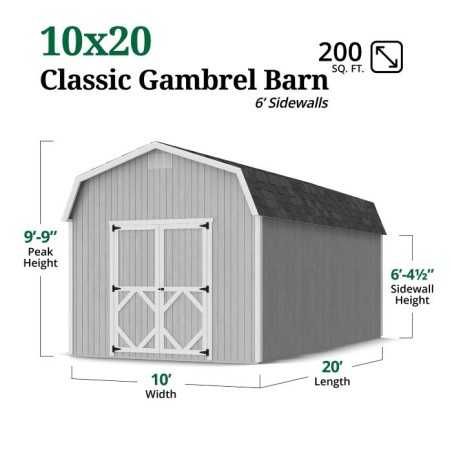 Little Cottage Co. Classic Gambrel 10x20 Wood Barn Shed Kit w/ 6' Sidewall (10x20 CGB-6-PC)