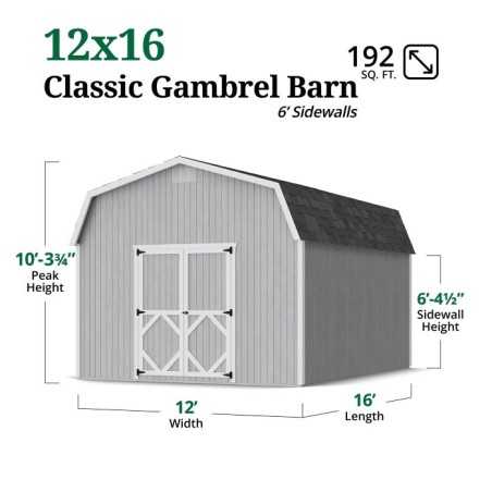 Little Cottage Co. Classic Gambrel 12x16 Wood Barn Shed Kit w/ 6' Sidewall (12x16 CGB-6-PC)