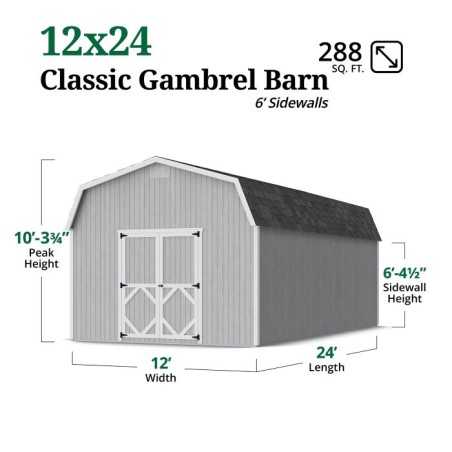 Little Cottage Co. Classic Gambrel 12x24 Wood Barn Shed Kit w/ 6' Sidewall (12x24 CGB-6-PC)