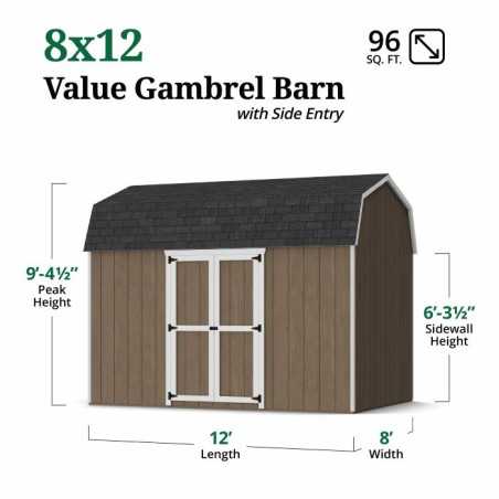 Little Cottage Co. Value Gambrel 8x12 Barn Shed Kit w/ 6' Sidewall - Side Entry (8x12 VGB-6-SE-PC)