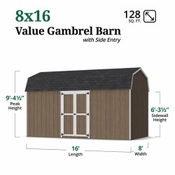 Little Cottage Co. Value Gambrel 8x16 Barn Shed Kit w/ 6' Sidewall - Side Entry (8x16 VGB-6-SE-PC)