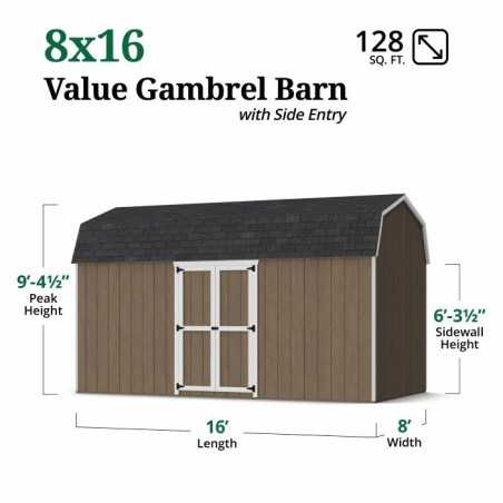 Little Cottage Co. Value Gambrel 8x16 Barn Shed Kit w/ 6' Sidewall - Side Entry (8x16 VGB-6-SE-PC)