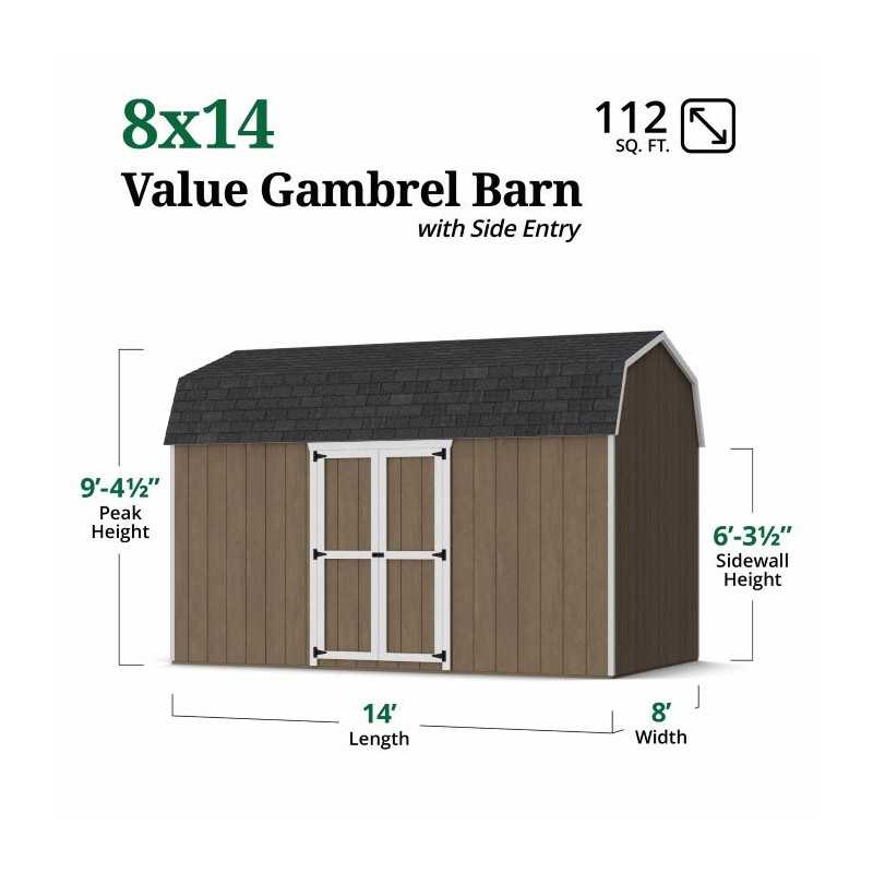 Little Cottage Co. Value Gambrel 8x14 Barn Shed Kit w/ 6' Sidewall - Side Entry (8x14 VGB-6-SE-PC)