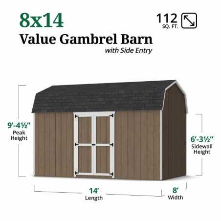 Little Cottage Co. Value Gambrel 8x14 Barn Shed Kit w/ 6' Sidewall - Side Entry (8x14 VGB-6-SE-PC)