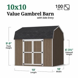 Little Cottage Co. Value Gambrel 10x10 Barn Shed Kit w/ 6' Sidewall - Side Entry (10x10 VGB-6-SE-PC)