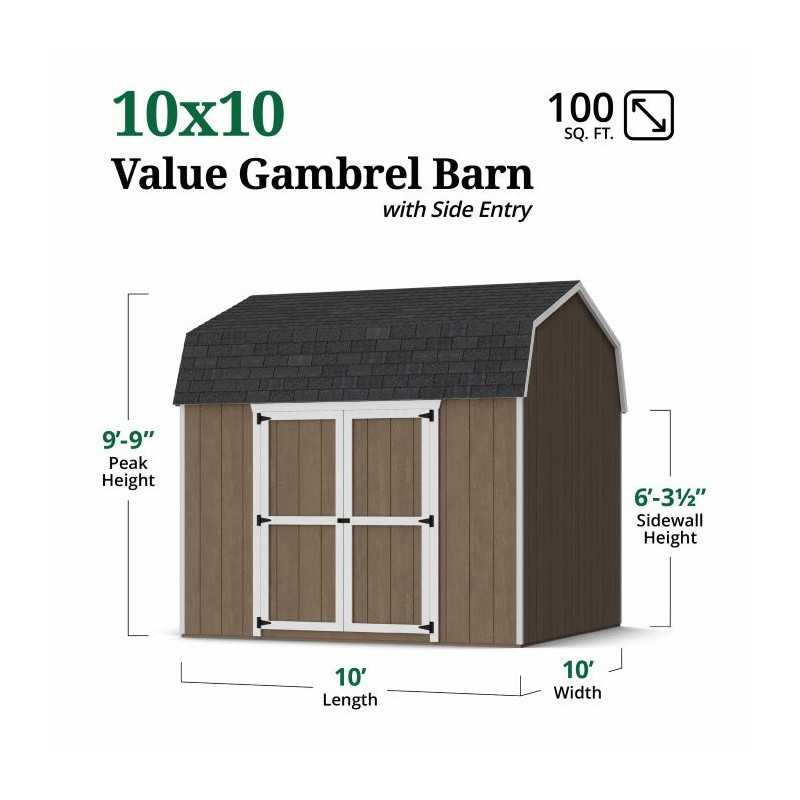 Little Cottage Co. Value Gambrel 10x10 Barn Shed Kit w/ 6' Sidewall - Side Entry (10x10 VGB-6-SE-PC)