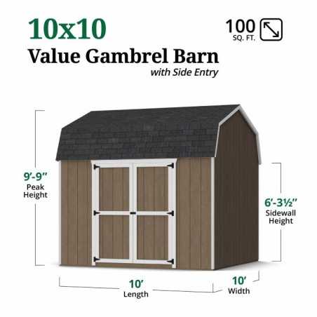 Little Cottage Co. Value Gambrel 10x10 Barn Shed Kit w/ 6' Sidewall - Side Entry (10x10 VGB-6-SE-PC)