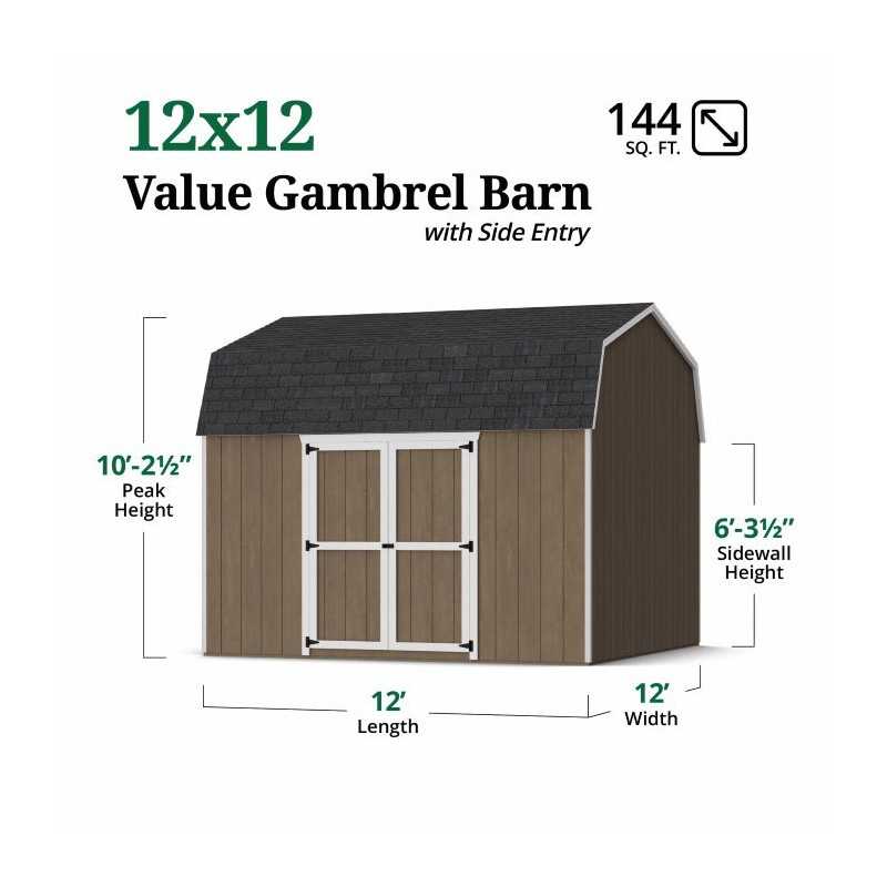 Little Cottage Co. Value Gambrel 12x12 Barn Shed Kit w/ 6' Sidewall - Side Entry (12x12 VGB-6-SE-PC)