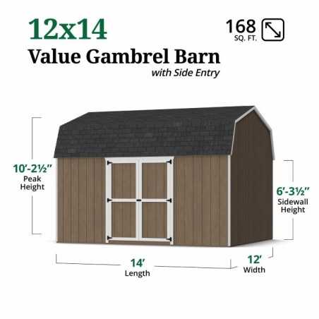 Little Cottage Co. Value Gambrel 12x14 Barn Shed Kit w/ 6' Sidewall - Side Entry (12x14 VGB-6-SE-PC)