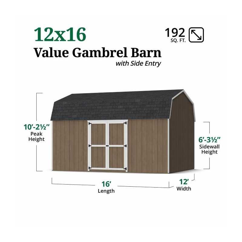 Little Cottage Co. Value Gambrel 12x16 Barn Shed Kit w/ 6' Sidewall - Side Entry (12x16 VGB-6-SE-PC)