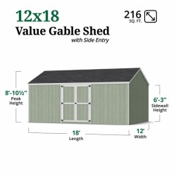 Little Cottage Co. Value Gambrel 12x18 Barn Shed Kit w/ 6' Sidewall - Side Entry (12x18 VGB-6-SE-PC)