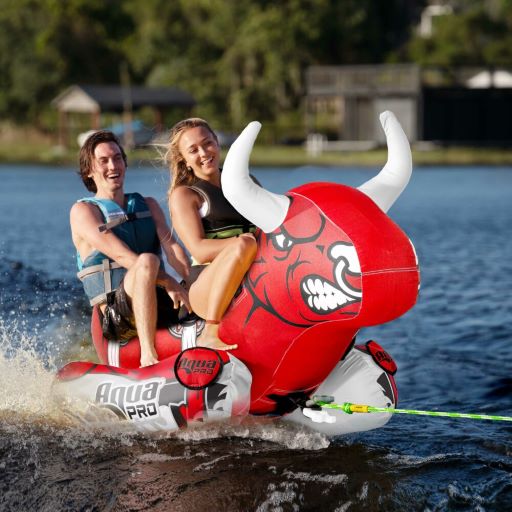  Aqua Leisure 84 in. Sit-On Towable – The Bull (APT21228) This inflatable is perfect for your water adventures this summer. 