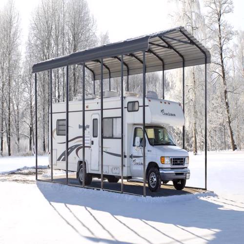 Arrow 14x33x14 Steel Auto Carport Kit - Charcoal (CPHC143314) Protects your trailer from any inclement weather such as snow. 