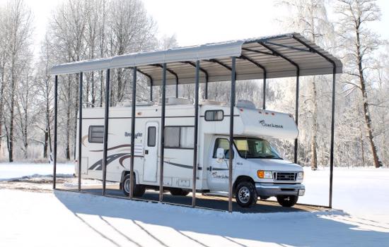 Arrow 14x33x14 Steel Auto Carport Kit - Eggshell (CPH143314) Protects your trailer from any inclement weather such as snow. 