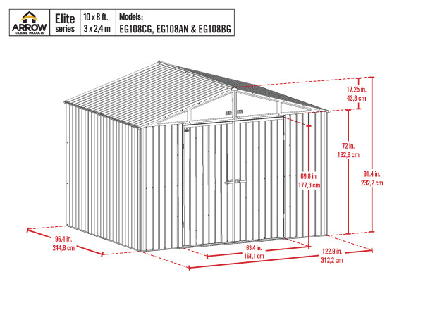 Arrow Elite 10x8 Metal Storage Shed Kit - Anthracite (EG108AN) Dimensions of the shed 