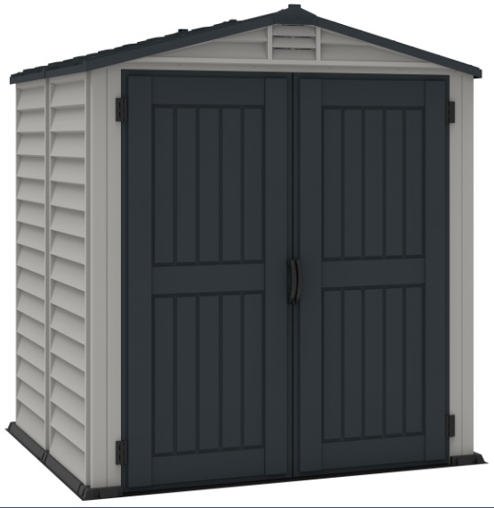 DuraMax 6x6 StoreMate Plus Vinyl Storage Shed Kit w/ Floor Kit (30425) Left side view of the shed