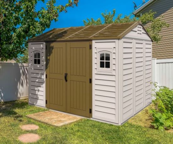 Duramax 10.5x8 Apex Vinyl Shed w/ Foundation Kit (30216) This shed is a perfect solution if you are looking for more storage space. 