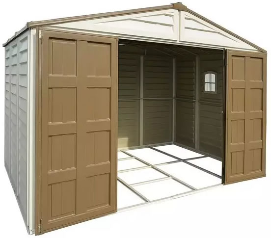 The Duramax 10x10 Woodbridge Plus vinyl shed kit includes foundation kit to help you build a floor inside!