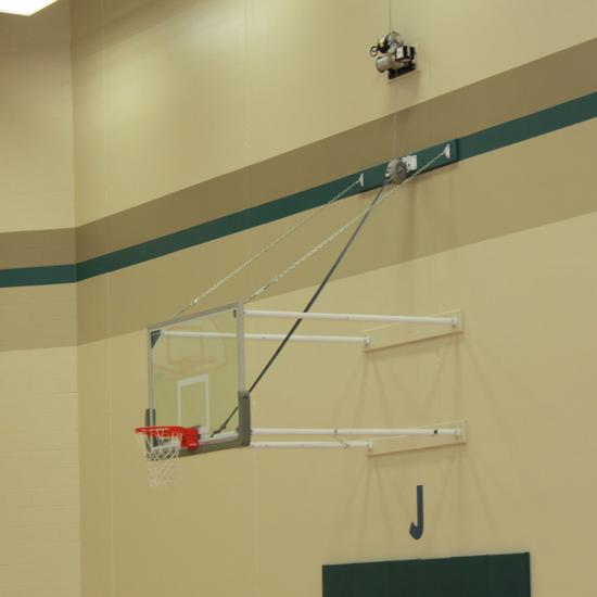 Gared Fold-Up Wall Mount Package with Glass Board, 9'-12'L (P2400-9124GL) When space is limited and an in-ground basketball system is not an option, you can still play like the pros with our fully-adjustable Wall-Mounted units! 