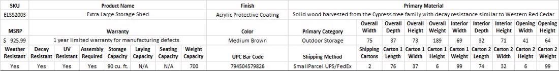 Leisure Season 6x3 Extra Large Storage Wood Shed Kit (ELSS2003) Specification Table