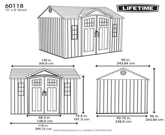 Lifetime 10x8 Side Entry Shed w/ Vertical Siding (60118) - Dimensions