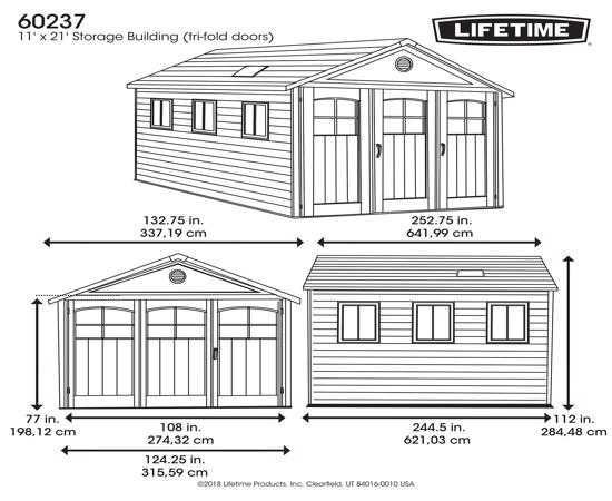 Lifetime 11x21 ft Storage Building Kit - Tri-Fold Doors (60237) - Dimensions