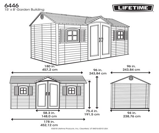Lifetime 15x8 ft Garden Storage Shed Kit (6446) - Dimensions