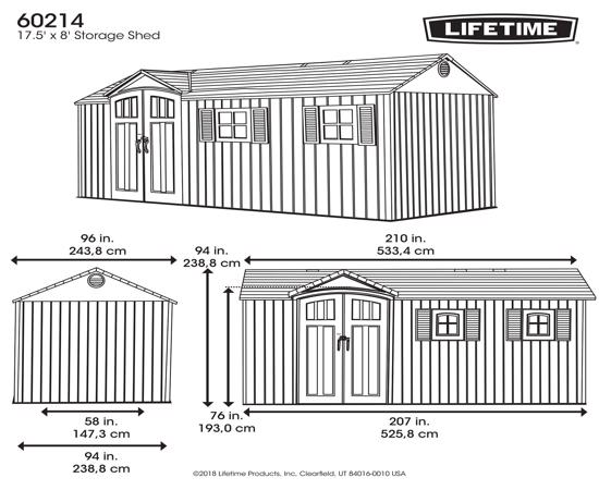 Lifetime 17.5 Ft. x 8 Ft. Outdoor Storage Shed (60214) - Dimensions