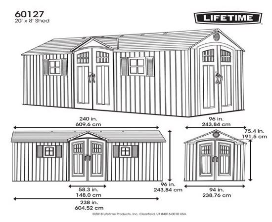 Lifetime 20x8 New Style Storage Shed Kit w/ Floor (60127) - Dimensions