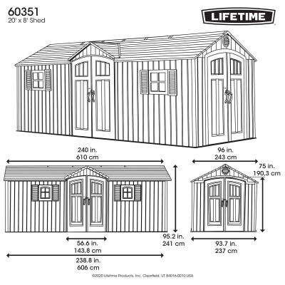 Lifetime 20x8 Outdoor Storage Shed Kit w/ Floor- Light Brown (60351) - Dimensions