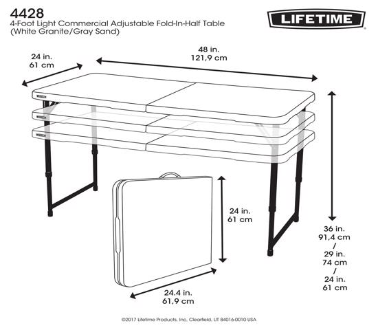 Lifetime 4 ft. Adjustable Height Fold-In-Half Table - White (4428) - Easy for transportation and convenient to carry.