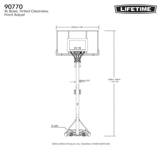 Lifetime 52-Inch Polycarbonate Adjustable Portable Basketball Hoop (90770) - Dimensions