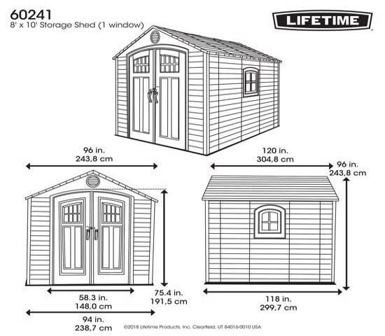 Lifetime 8x10 Storage Shed Kit w/ Floor (60241) - Dimensions