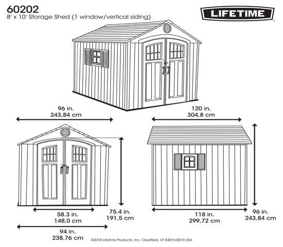 Lifetime 8x10 Outdoor Shed Kit w/ Vertical Siding (60202) - Dimensions