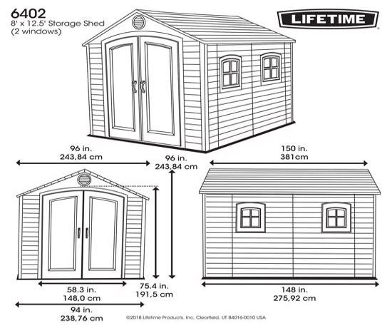 Lifetime 8x12.5 ft Plastic Storage Shed Kit (6402) - Dimensions