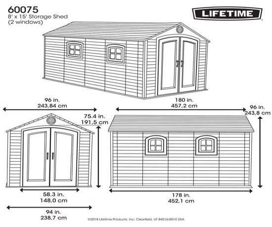 Lifetime 8x15 ft Plastic Storage Shed Kit - 2 Windows (60075) - Dimensions