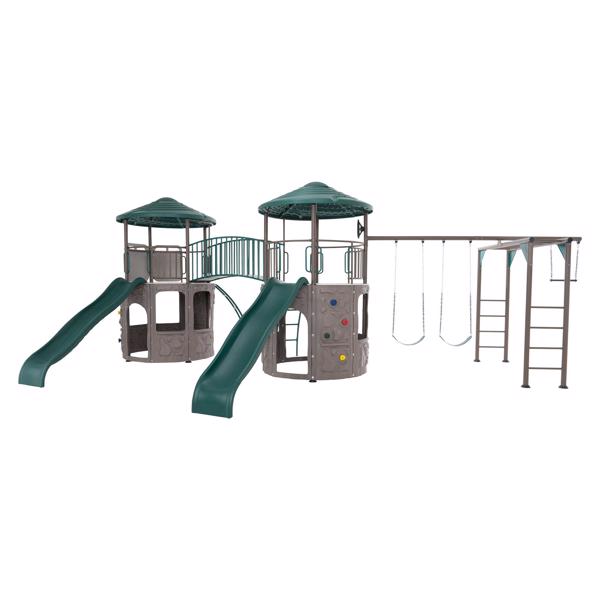 Lifetime Double Adventure Tower Swing Set w/ Monkey Bars - Earthtone (90966) Frontview of the Double Adventure Tower Playset 