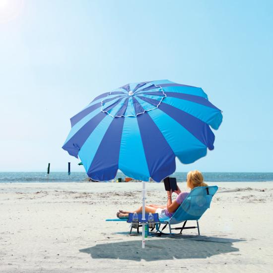 Rio 7' Beach Umbrella with Built-In Sand Anchor and Fold-Out Table - Stripes (UBT723-2019-1) This beach umbrella will give you the shade that you need for your beach trip. 