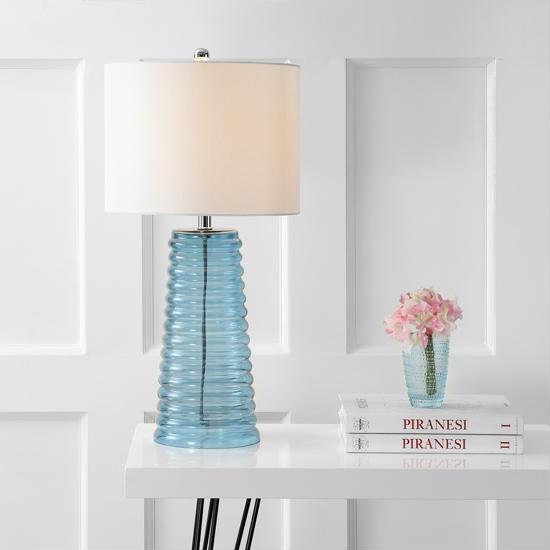Safavieh Yantley 28-inch H Table Lamp-Set of 2 LIT4261A-SET2-Excellent clear blue glass forms a pyramid of rings in the stately for modern and coastal homes.