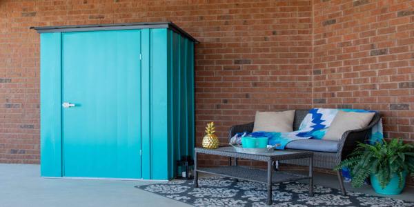 ShelterLogic 4x3 Spacemaker Patio Steel Shed Kit - Teal and Anthracite (CY43T21) This shed is perfect for your patio or deck. 