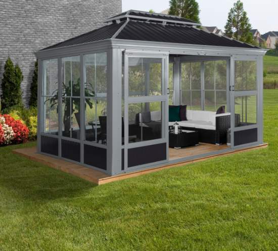 Sojag Bolata 10x14 Solarium - Light Grey/Black (445-9168020)  This solarium will protect you from the weather and insects. 
