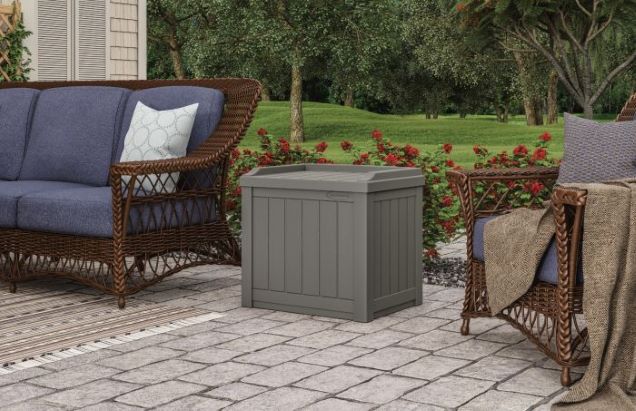 Suncast 22 Gallon Deck Box with Storage Seat - Stoney (SS601ST)  This deck box is perfect to be put on your patio. 