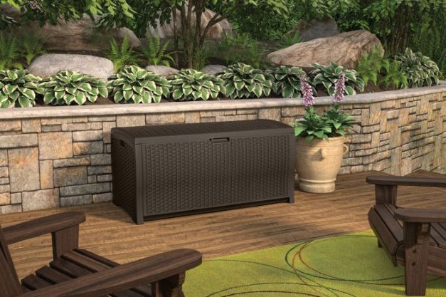 Suncast 99 Gallon Deck Box with Storage Seat - Java (DBW9200) This deckbox is perfect to be put on your outdoor space. 