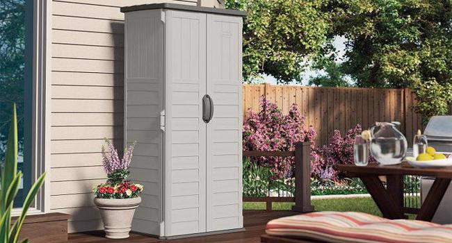 Suncast 22 Cubic Feet Vertical Resin Storage Shed - Vanilla (BMS1250) This resin vertical shed will definitely add beauty to your patio. 