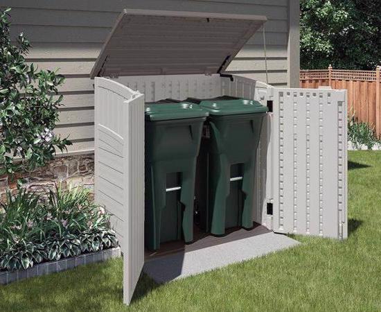 Suncast 34 Cubic Feet Horizontal Resin Storage Shed - Vanilla (BMS2500) This horizontal shed is best place to store your garbage cans. 