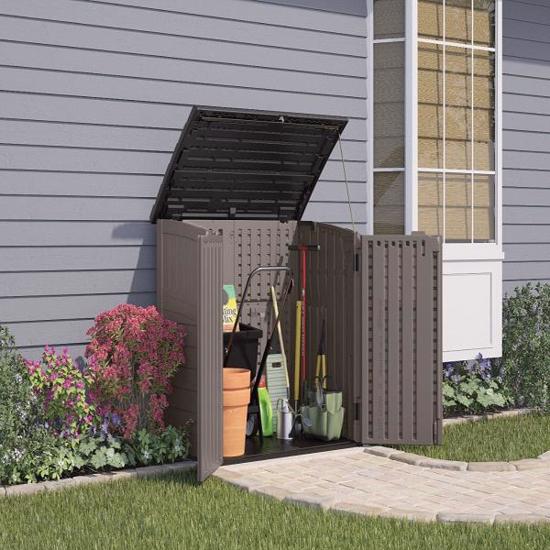 Suncast 34 Cubic Feet Horizontal Resin Storage Shed - Stoney (BMS2500SB) This horizontal shed is best place to store your garbage cans. 
