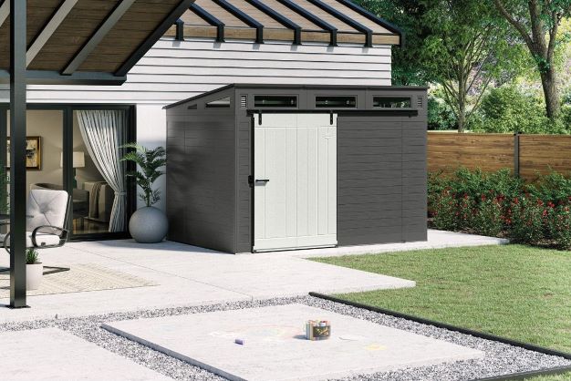 Suncast 10x7 Modernist Storage Shed with Floor - Peppercorn/Black (BMS9000) This modernist shed is a perfect addition to your outdoor space. 