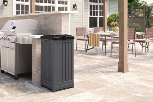 Suncast 36-39 Gallon Trash Hideaway Container - Peppercorn (GH3900) This trash hideaway is perfect to be put on either outdoor or indoor area.  